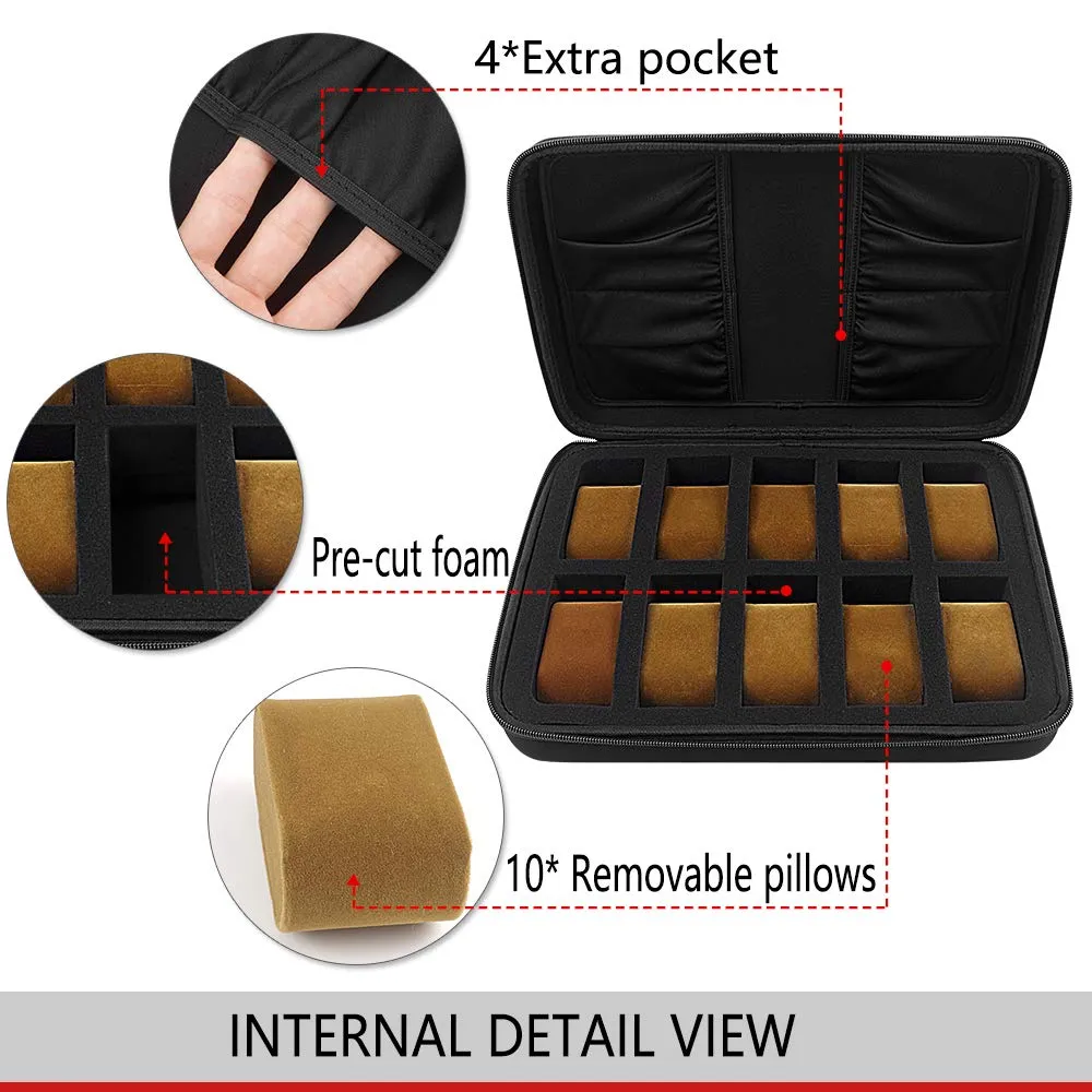 10 Slots Watch Box Organizer/Men Watch Display Storage Case Fits All Wristwatches and Smart Watches up to 42mm with Extra 4 Pocket for Watch Band and Other Accessories (Black) Brown Pillow