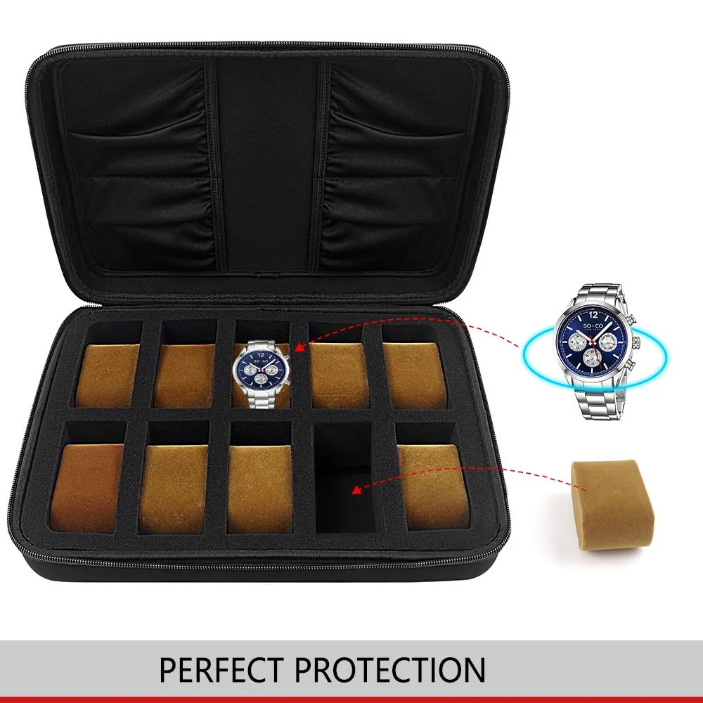 10 Slots Watch Box Organizer/Men Watch Display Storage Case Fits All Wristwatches and Smart Watches up to 42mm with Extra 4 Pocket for Watch Band and Other Accessories (Black) Brown Pillow
