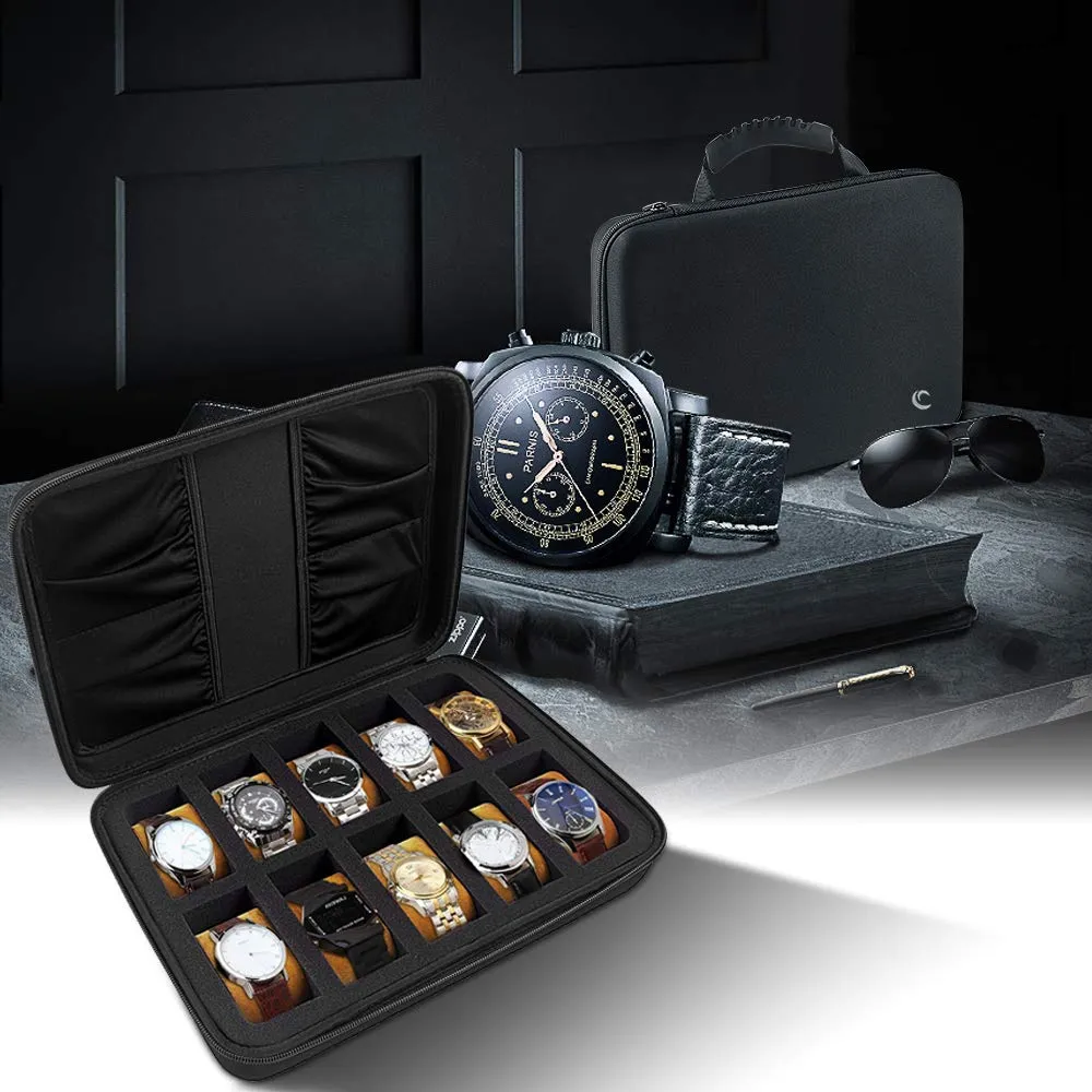 10 Slots Watch Box Organizer/Men Watch Display Storage Case Fits All Wristwatches and Smart Watches up to 42mm with Extra 4 Pocket for Watch Band and Other Accessories (Black) Brown Pillow