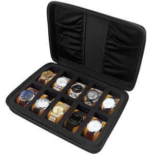 10 Slots Watch Box Organizer/Men Watch Display Storage Case Fits All Wristwatches and Smart Watches up to 42mm with Extra 4 Pocket for Watch Band and Other Accessories (Black) Brown Pillow