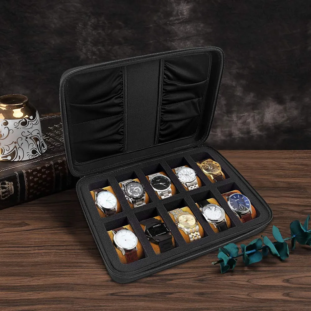 10 Slots Watch Box Organizer/Men Watch Display Storage Case Fits All Wristwatches and Smart Watches up to 42mm with Extra 4 Pocket for Watch Band and Other Accessories (Black) Brown Pillow