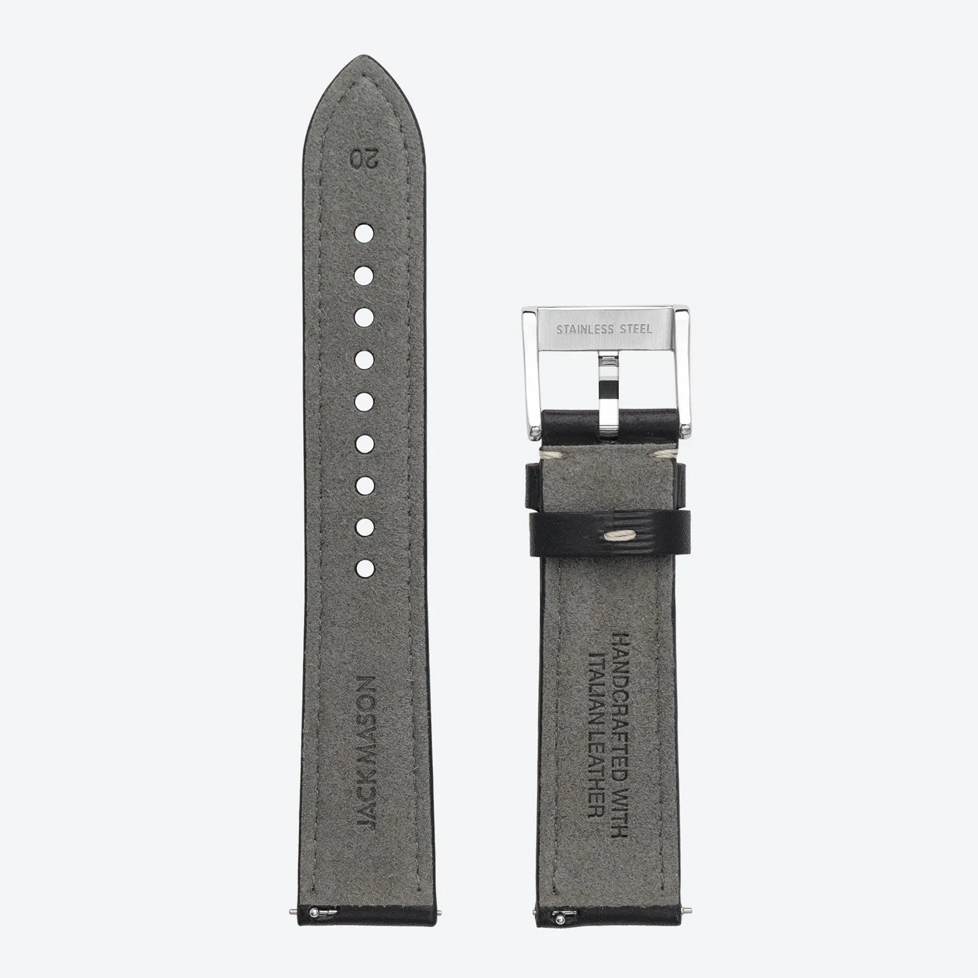 20mm Stitched Black Leather Strap