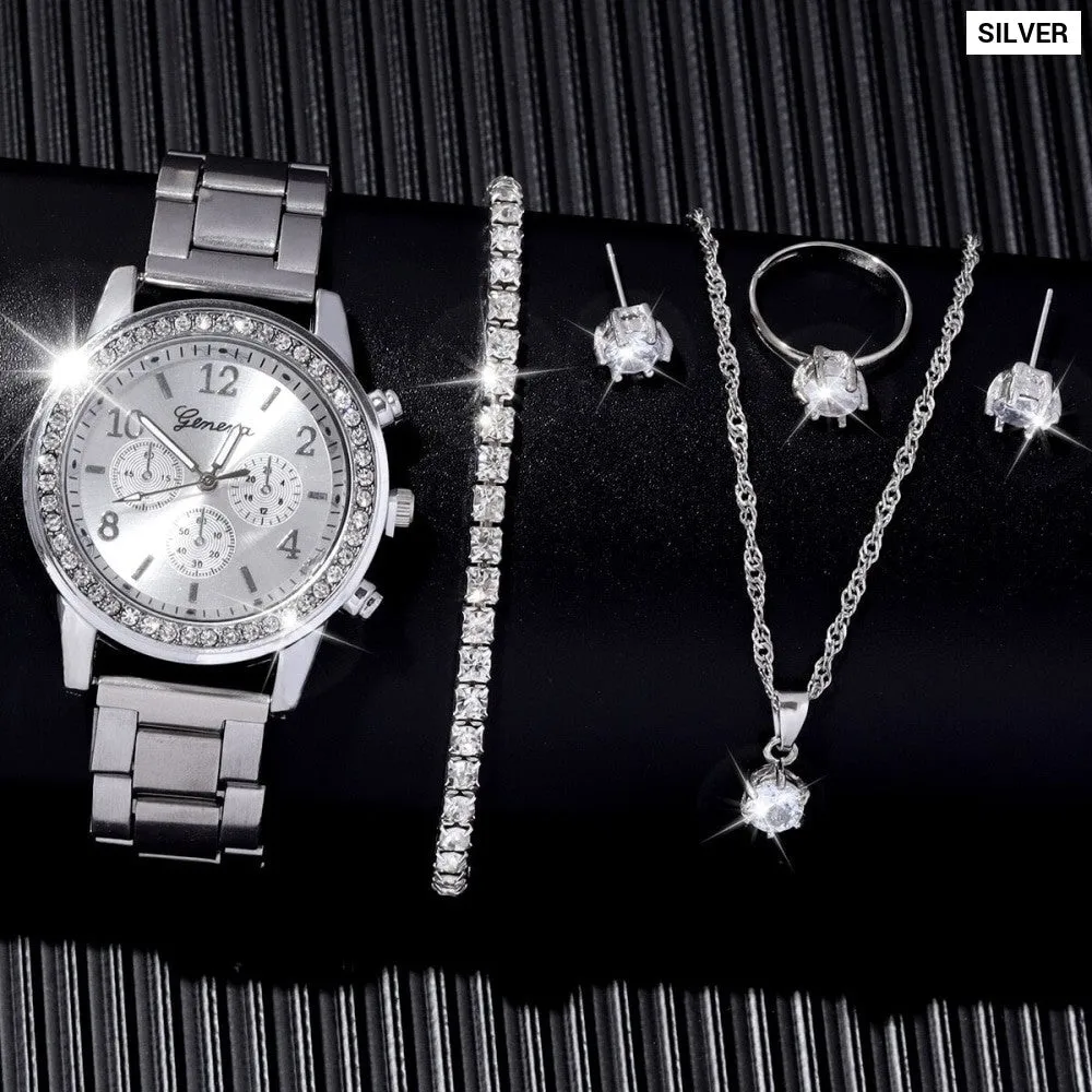 6 Pieces of Fashionable and Versatile Diamond Inlaid Rhinestone Womens Quartz Steel Bandacelet
