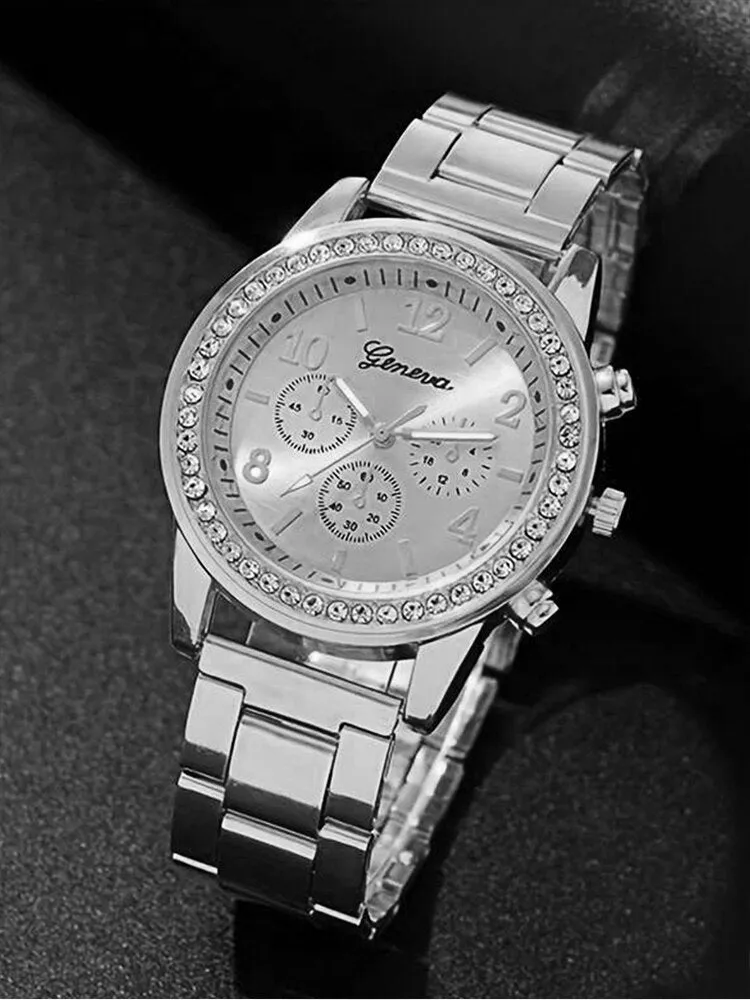 6 Pieces of Fashionable and Versatile Diamond Inlaid Rhinestone Womens Quartz Steel Bandacelet