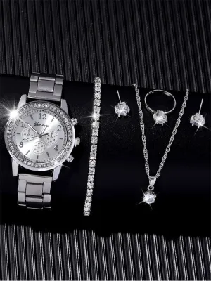 6 Pieces of Fashionable and Versatile Diamond Inlaid Rhinestone Womens Quartz Steel Bandacelet