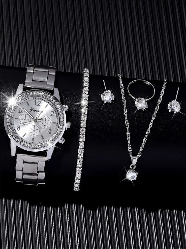 6 Pieces of Fashionable and Versatile Diamond Inlaid Rhinestone Womens Quartz Steel Bandacelet