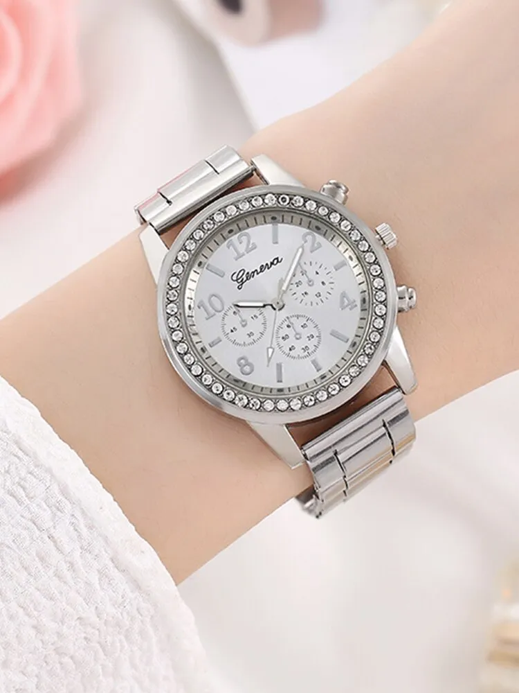 6 Pieces of Fashionable and Versatile Diamond Inlaid Rhinestone Womens Quartz Steel Bandacelet