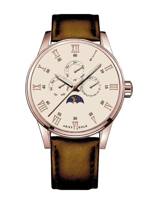 Aries Gold Multifunction Leather Strap G 7019 RG-BEI Watch