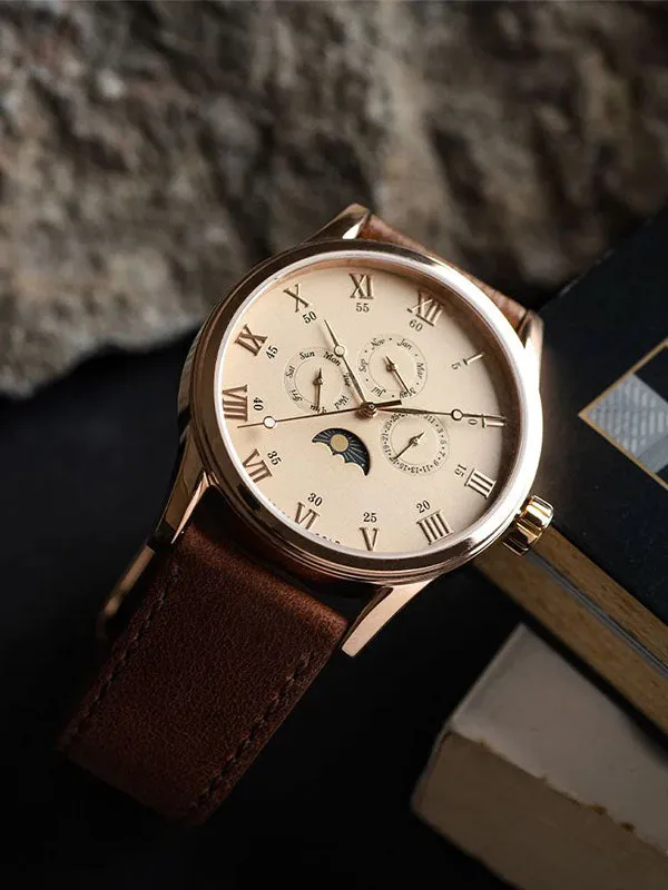Aries Gold Multifunction Leather Strap G 7019 RG-BEI Watch