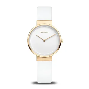 Bering Ladies Gold Plated White Dial & Leather Strap Watch