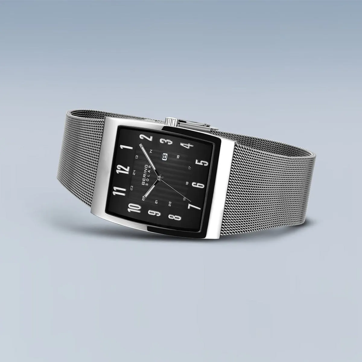 Bering Solar Stainless Steel Rectangular Watch with Black Dial