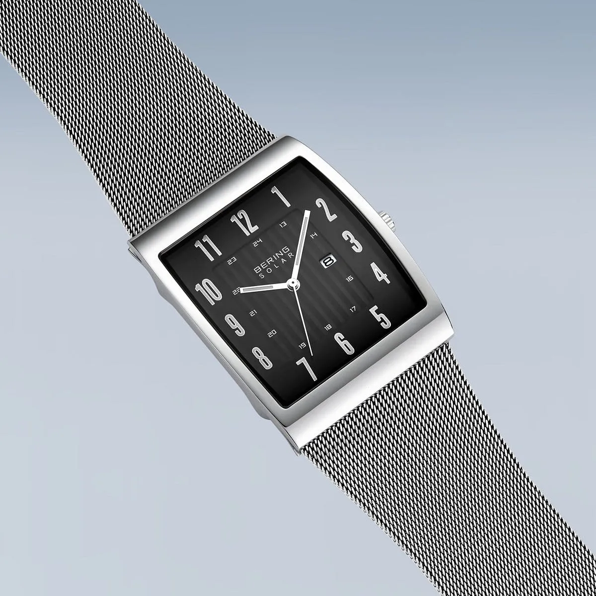 Bering Solar Stainless Steel Rectangular Watch with Black Dial