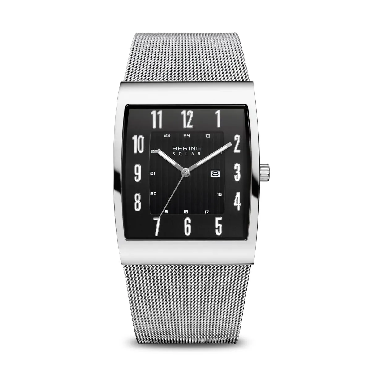 Bering Solar Stainless Steel Rectangular Watch with Black Dial