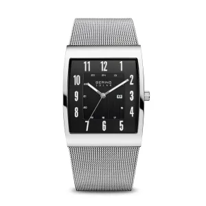 Bering Solar Stainless Steel Rectangular Watch with Black Dial