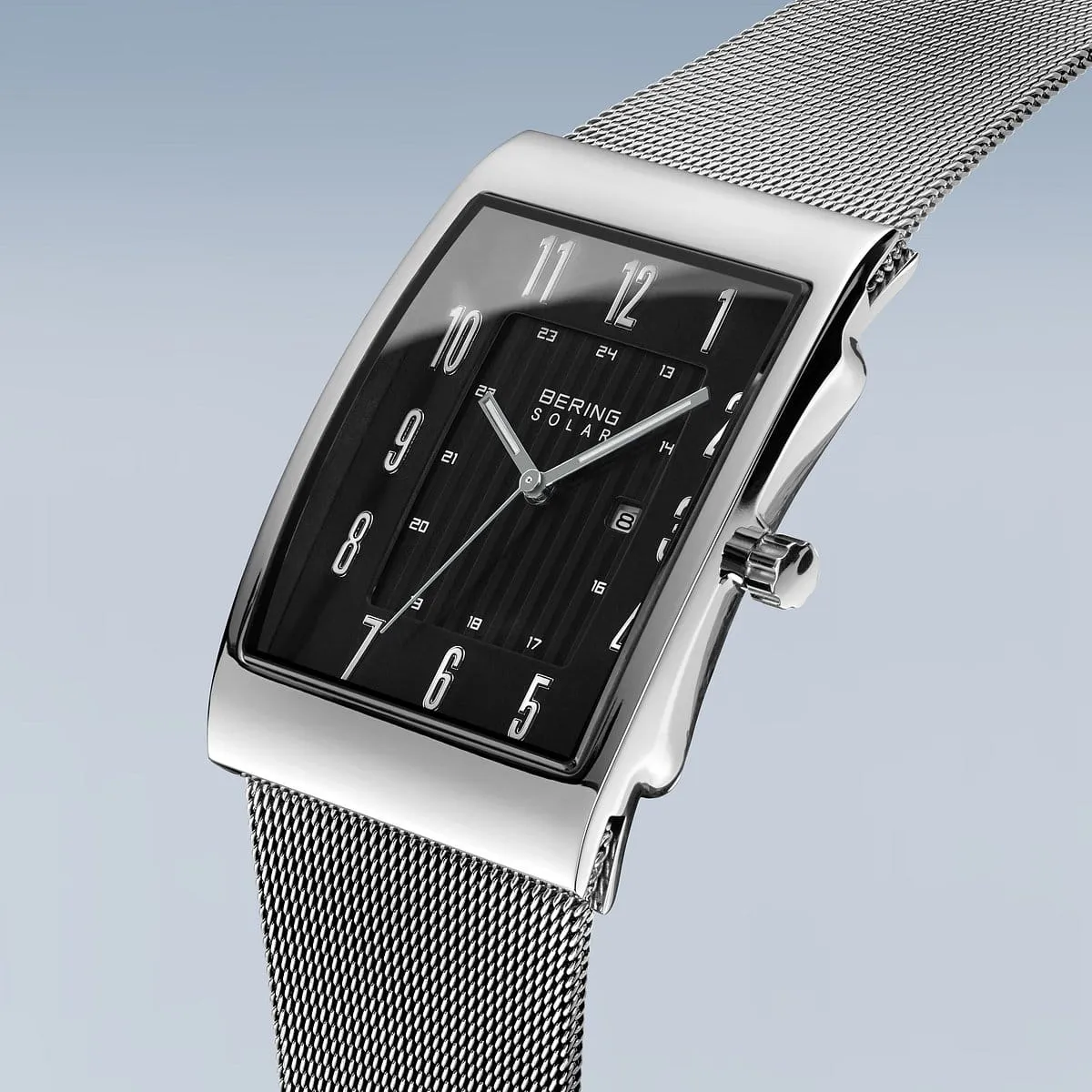 Bering Solar Stainless Steel Rectangular Watch with Black Dial