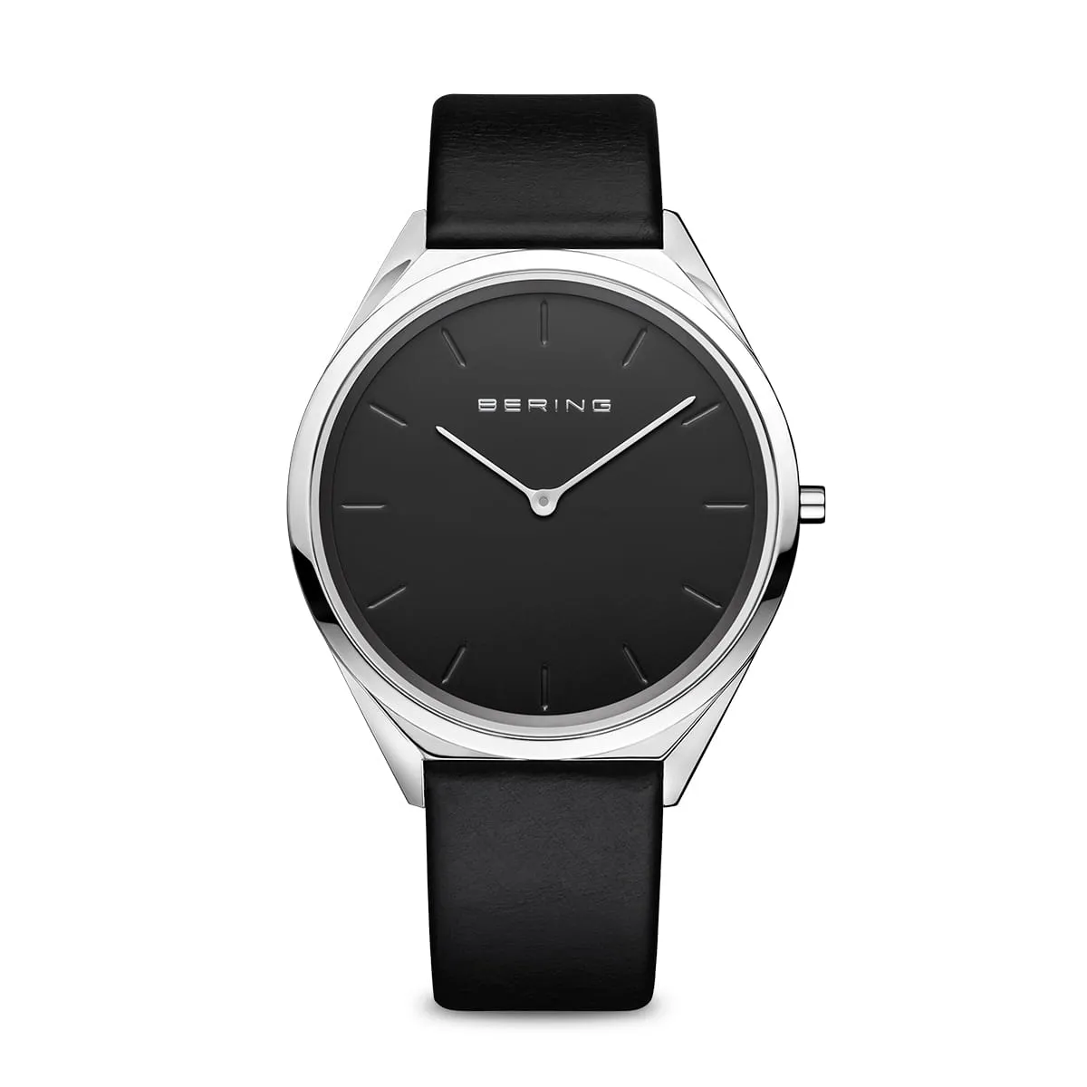 Bering Stainless Steel Watch with Black Leather Strap