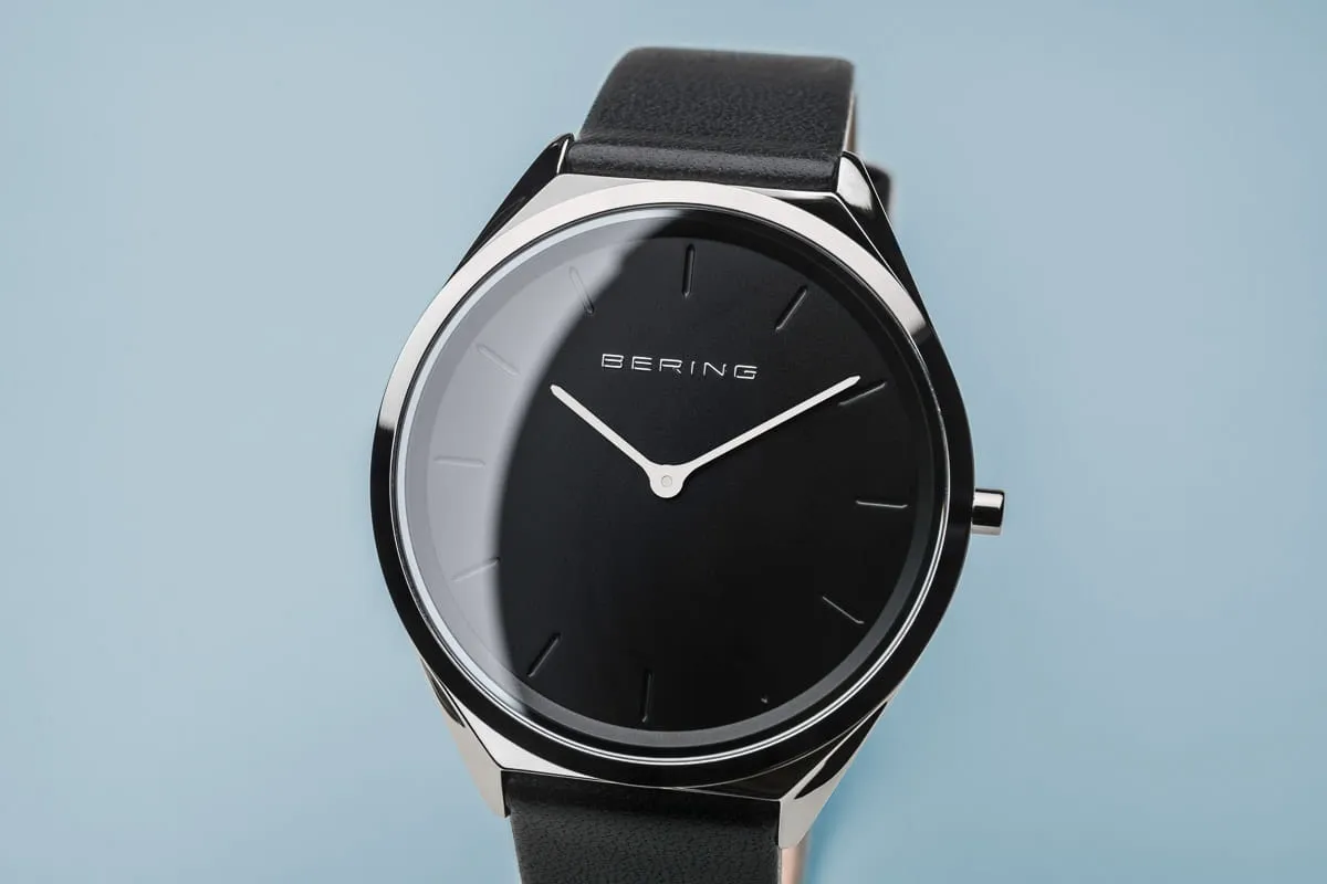 Bering Stainless Steel Watch with Black Leather Strap