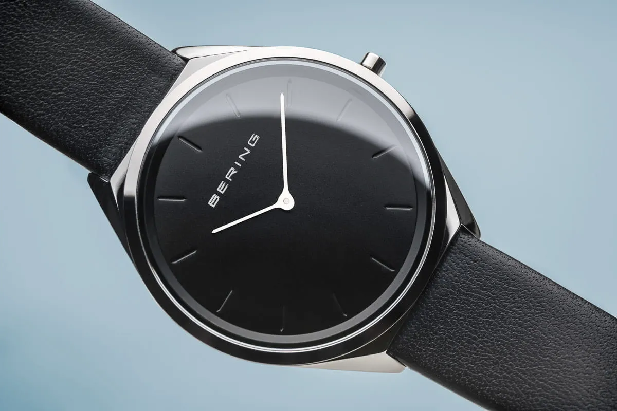 Bering Stainless Steel Watch with Black Leather Strap
