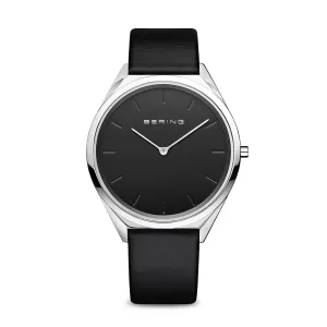 Bering Stainless Steel Watch with Black Leather Strap