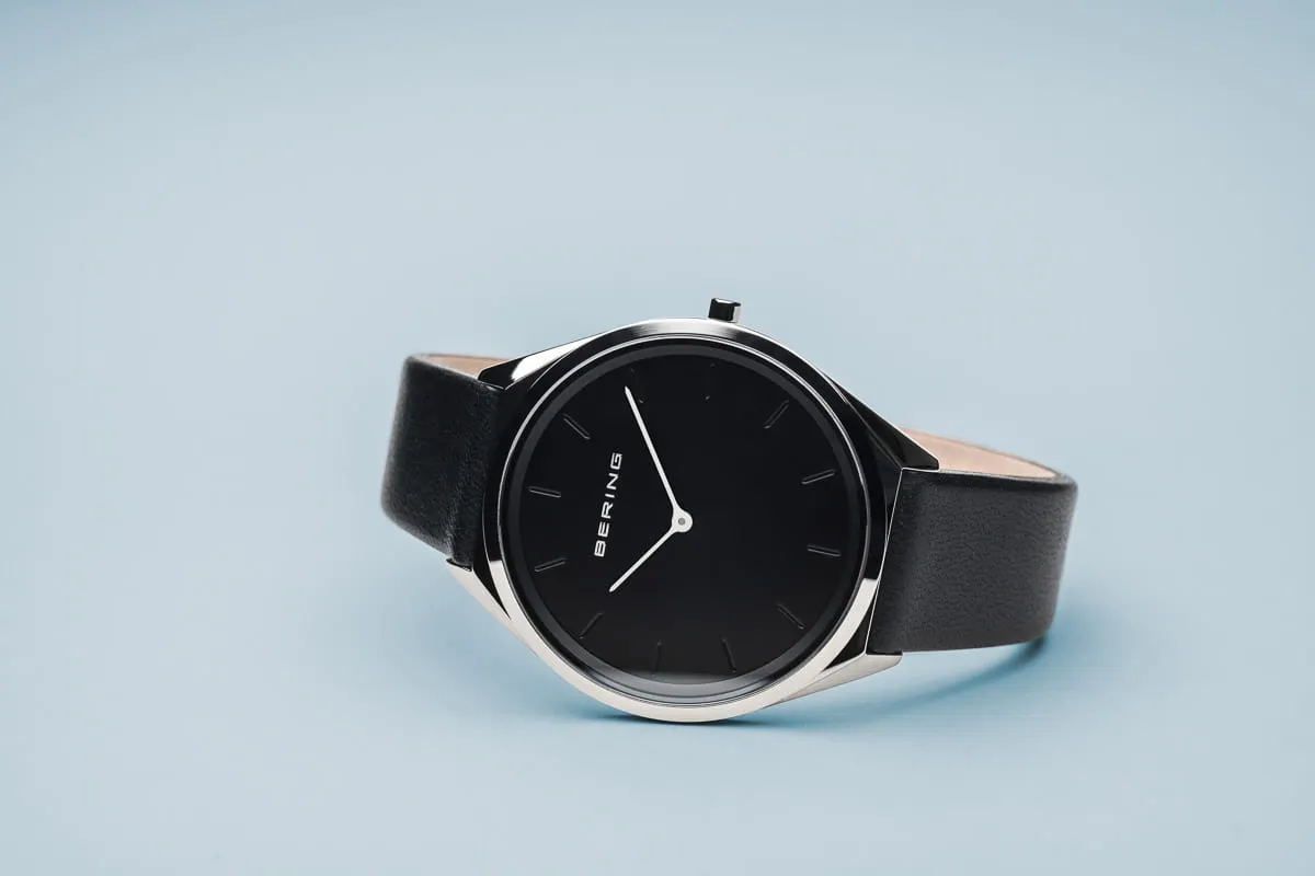 Bering Stainless Steel Watch with Black Leather Strap