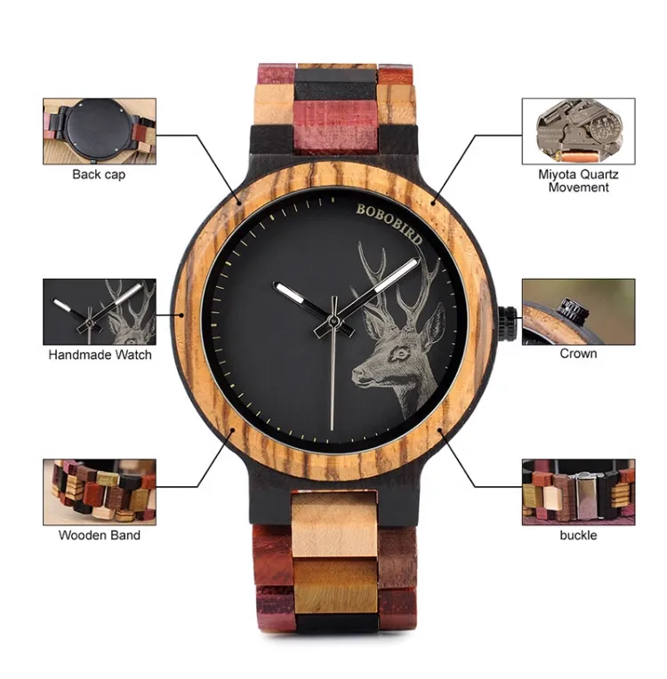 BOBO BIRD 520 HANDMADE WOODEN UNISEX WATCH IN MULTI COLOR