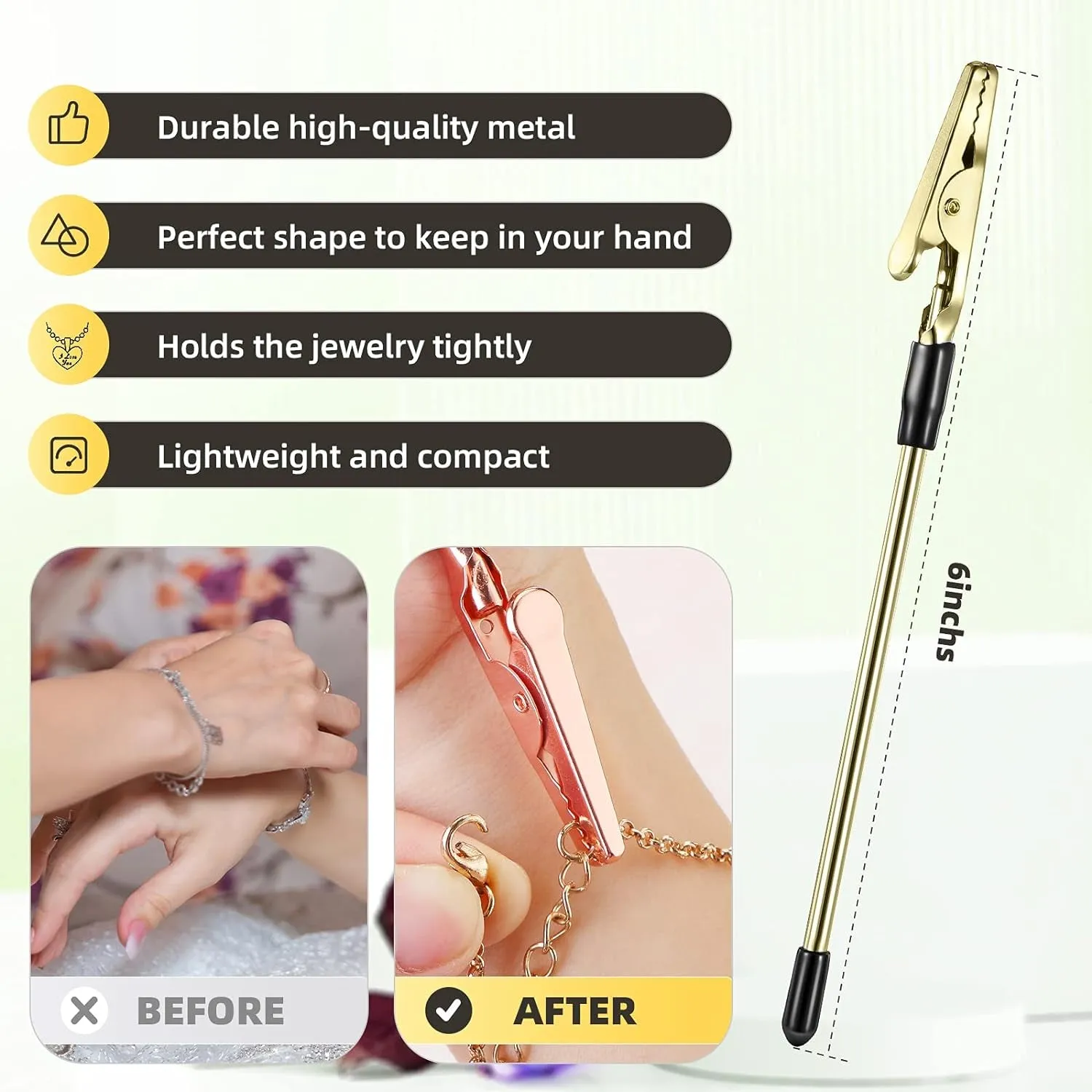Bracelet Tool Jewelry Helper Hand Bracelet Helpers Fastening and Hooking Equipment for Jewelry Bracelet Necklace Watch Clasps Zipper Valentine'S Gift 6.1 Inch, Gold Silver and Rose Gold (6 Pieces)
