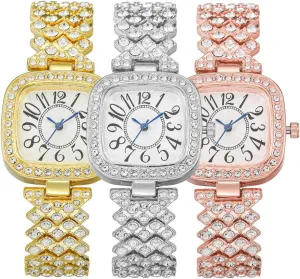 CdyBox 3Pack Classic Ladies Square Watches with Blue Hands Digital Watch Quartz Wristwatches with Inlay Diamond Strap