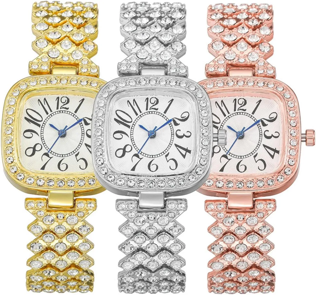 CdyBox 3Pack Classic Ladies Square Watches with Blue Hands Digital Watch Quartz Wristwatches with Inlay Diamond Strap