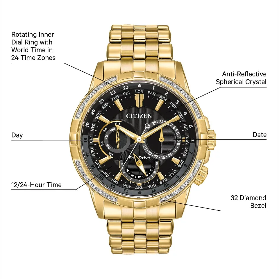 Citizen World Time Diamond Set Gold Men's Watch BU2082-56E