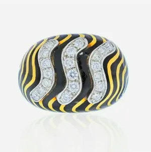 David Webb 18K Gold Diamond Black Enamel Zebra Ring ASC5597