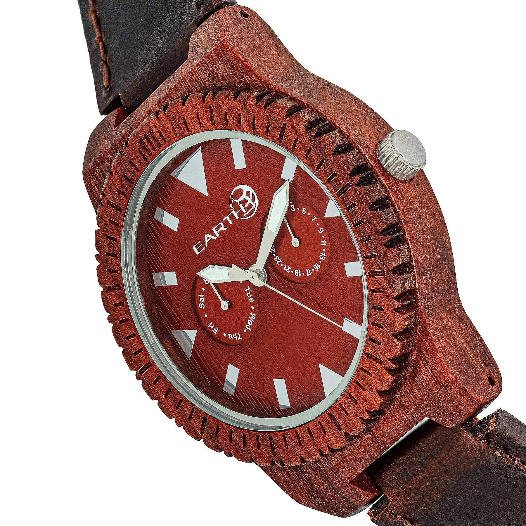 Earth Wood Hyperion Leather-Band Watch w/Day/Date - Red