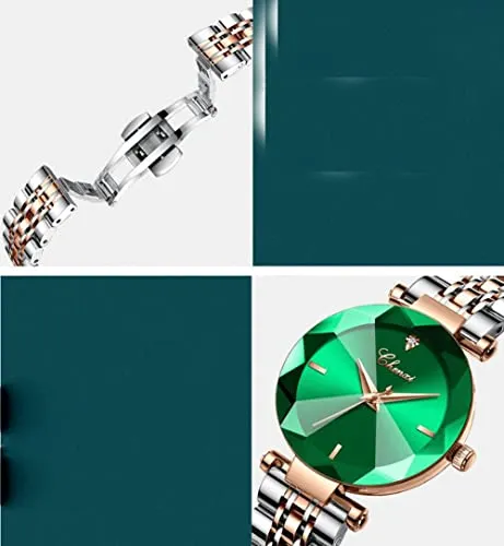 Fashion Women's Analog Quartz Watches Luxury Diamond Stainless Steel Mesh Band Wrist Watches for Women (Green)