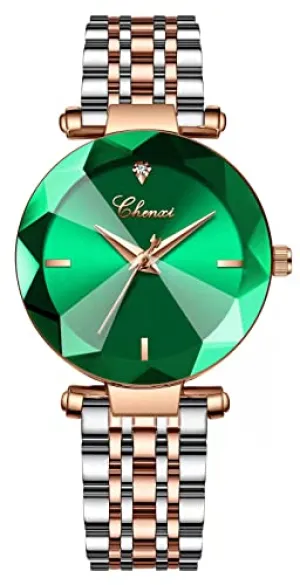 Fashion Women's Analog Quartz Watches Luxury Diamond Stainless Steel Mesh Band Wrist Watches for Women (Green)