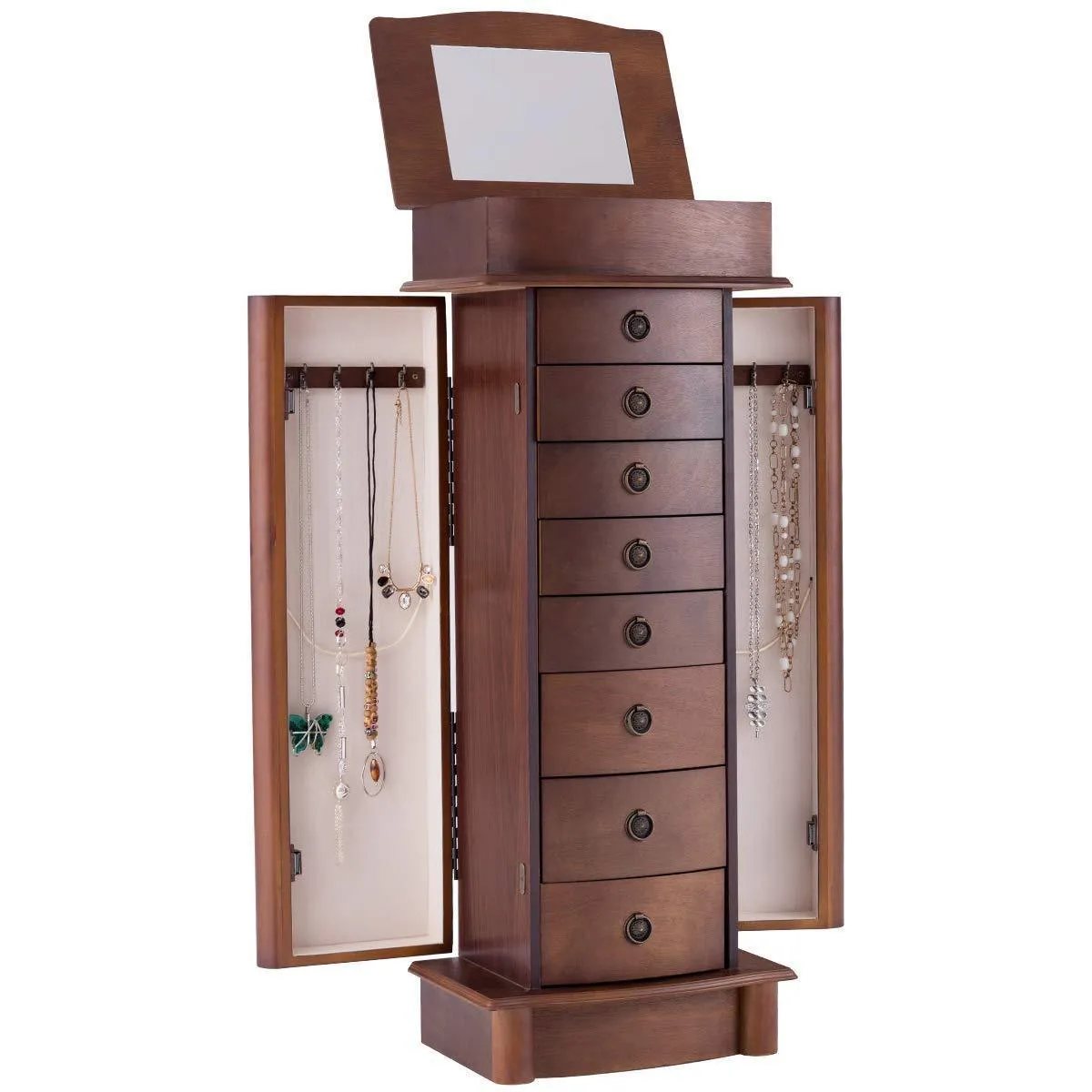 Giantex Jewelry Armoire Cabinet Stand with 8 Drawers,Top Divided Storage Organizer with Flip Makeup Mirror Lid Large Side Door Chest Cabinets, Antique Wood Standing Armoires Jewelry Box w/ 8 Hooks