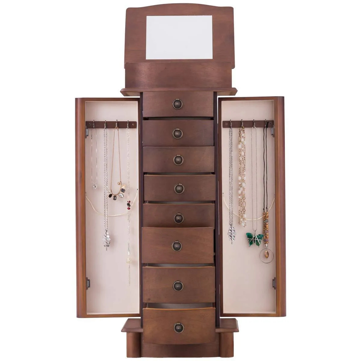 Giantex Jewelry Armoire Cabinet Stand with 8 Drawers,Top Divided Storage Organizer with Flip Makeup Mirror Lid Large Side Door Chest Cabinets, Antique Wood Standing Armoires Jewelry Box w/ 8 Hooks
