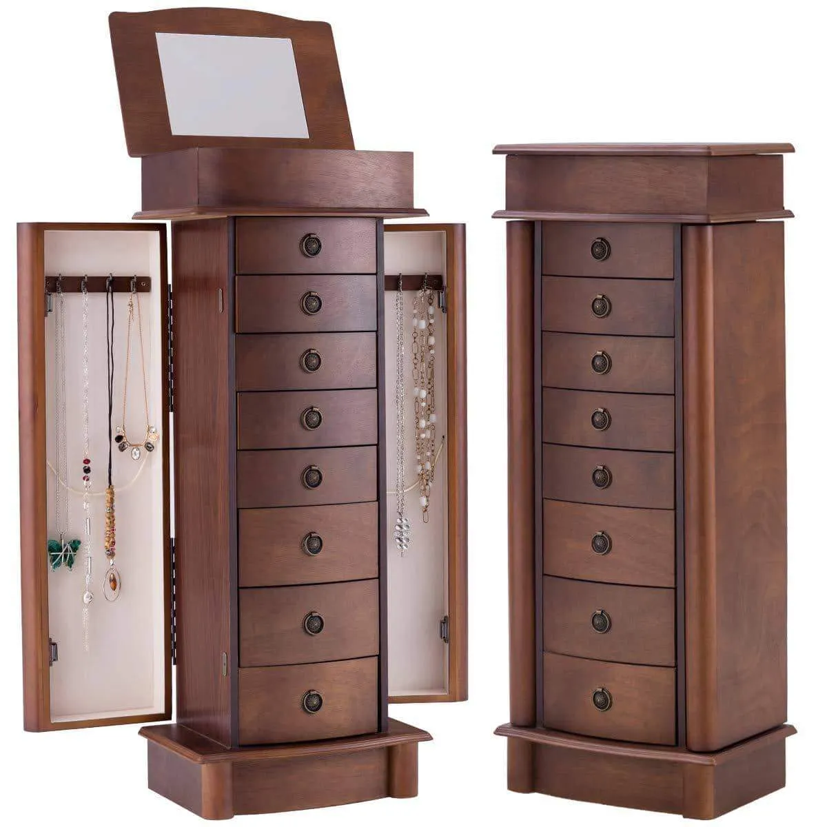 Giantex Jewelry Armoire Cabinet Stand with 8 Drawers,Top Divided Storage Organizer with Flip Makeup Mirror Lid Large Side Door Chest Cabinets, Antique Wood Standing Armoires Jewelry Box w/ 8 Hooks