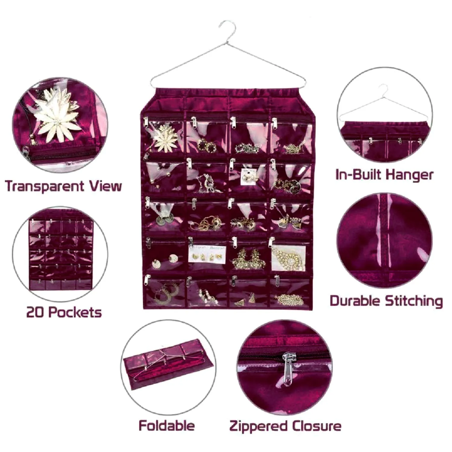 Heart Home 20 Pockets Hanging Jewellery Organizer with Zipper & Hanger (Purple) (F_26_HEARTH016966)