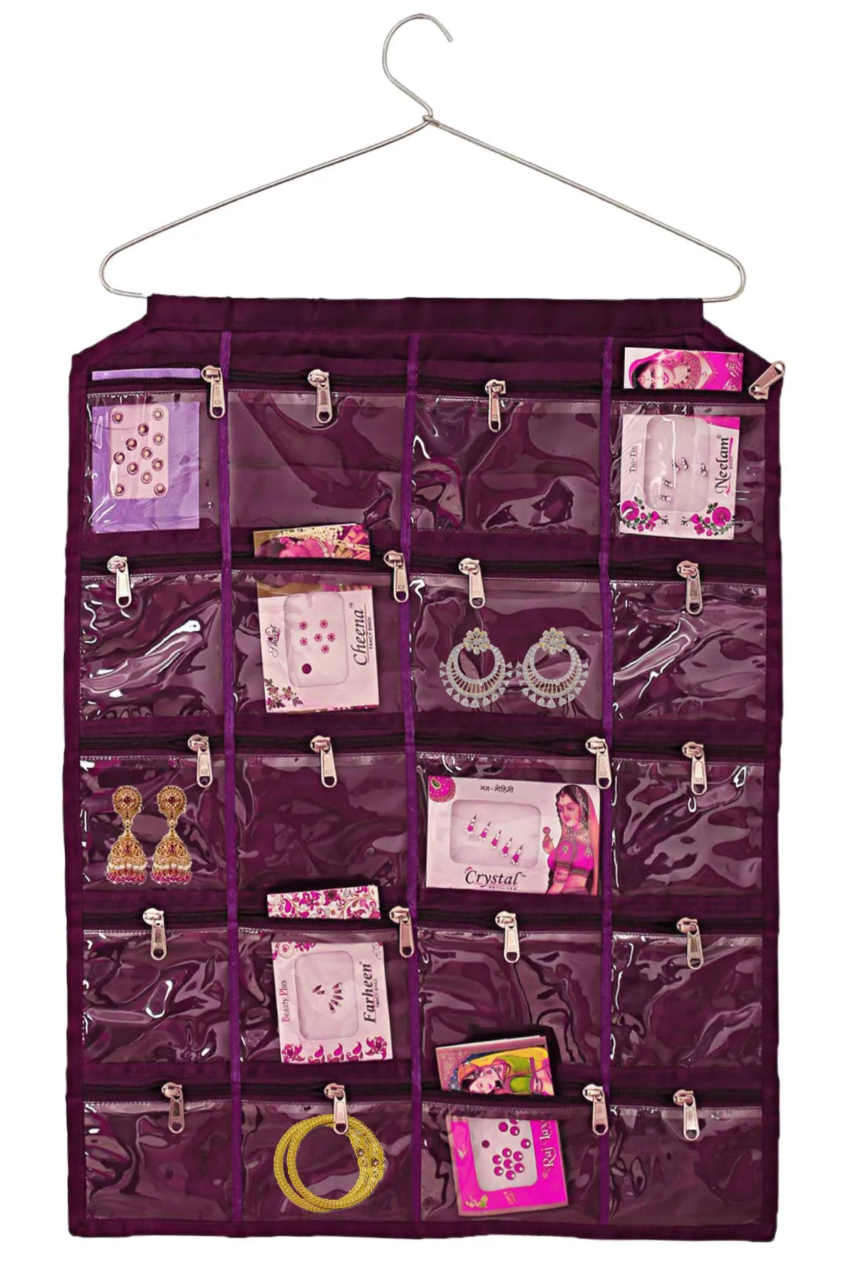 Heart Home 20 Pockets Hanging Jewellery Organizer with Zipper & Hanger (Purple) (F_26_HEARTH016966)