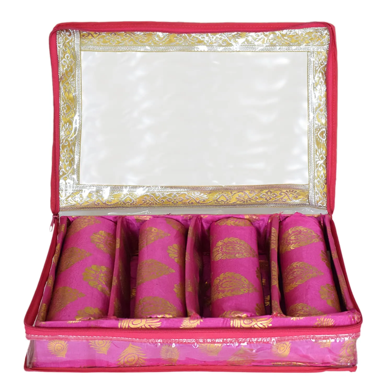Heart Home Feather Design Laminated 4 Rod Box, Organizer For Bangle, Watches, Bracelets, Jewellery With Tranasparent Top (Pink)-47HH0230