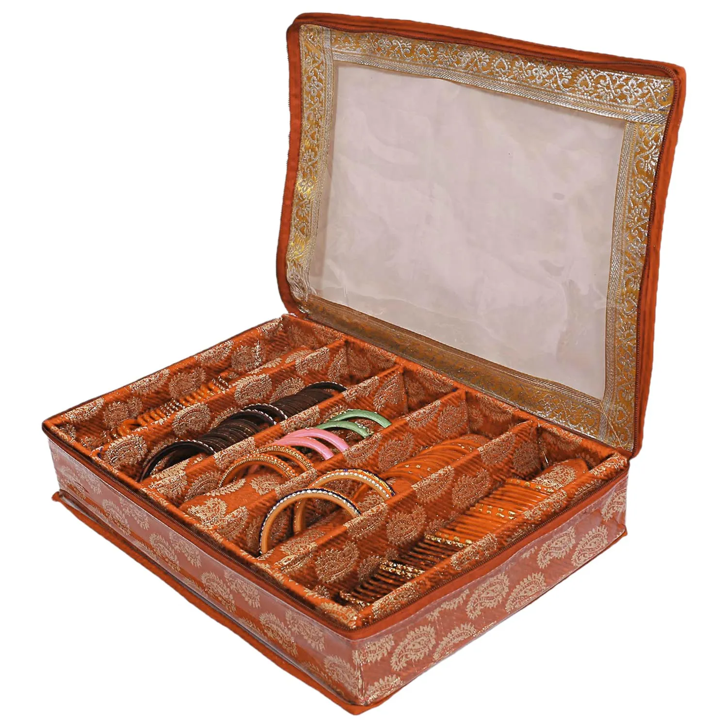 Heart Home Multipurpose Carry Design Laminated 5 Rod Bangle Box/Organizer/Case With Tranasparent Top - Pack of 2 (Orange)-47HH019