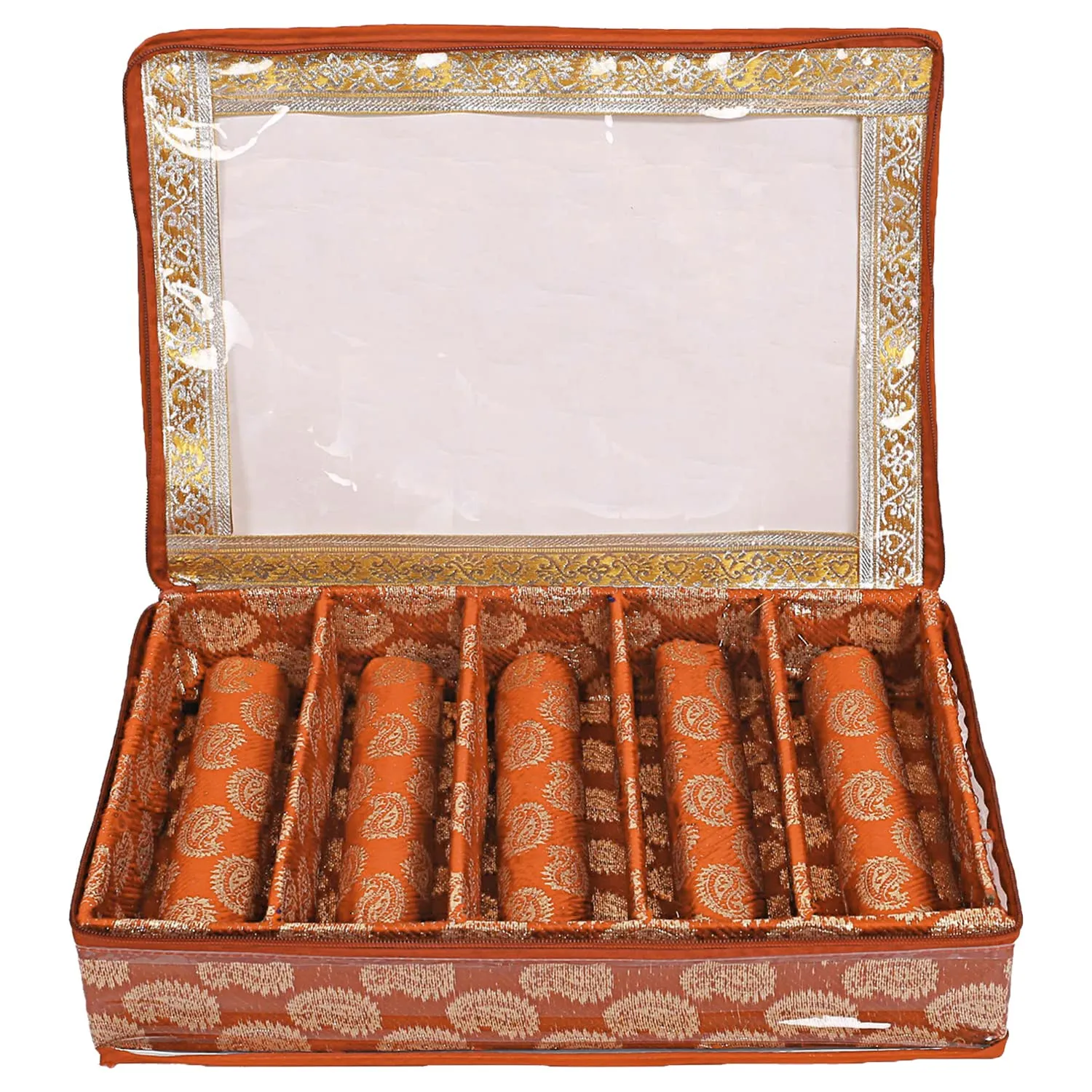 Heart Home Multipurpose Carry Design Laminated 5 Rod Bangle Box/Organizer/Case With Tranasparent Top - Pack of 2 (Orange)-47HH019