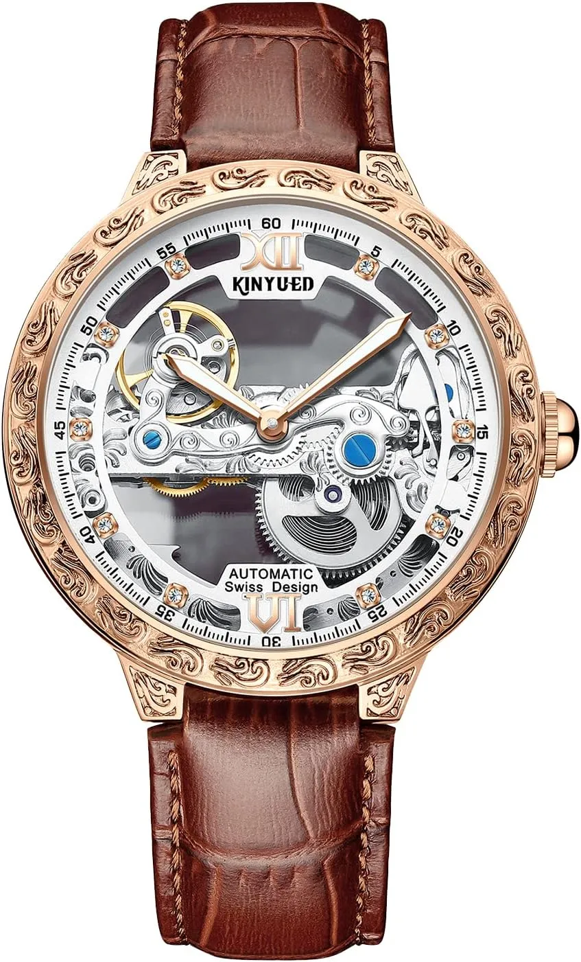 IK COLOURING Mens Luxury Skeleton Automatic Mechanical Wrist Watches Leather Moon Phrase Luminous Hands Self-Wind Watch