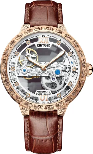 IK COLOURING Mens Luxury Skeleton Automatic Mechanical Wrist Watches Leather Moon Phrase Luminous Hands Self-Wind Watch