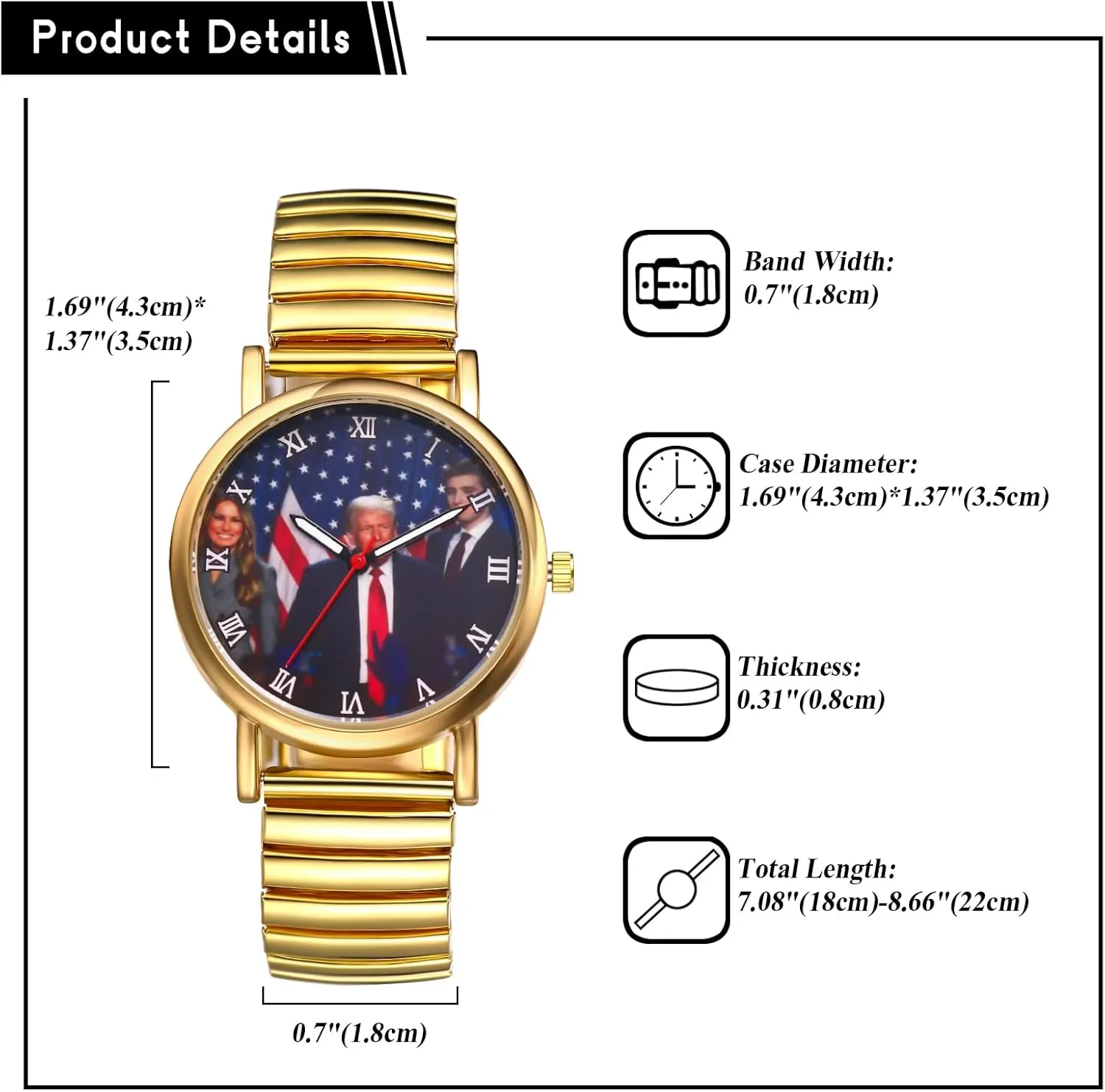 JewelryWe Men Women Elastic Watches: Round Analog Trump Dial Quartz Watch Gold Silver Plated Stretch Band Wristwatch