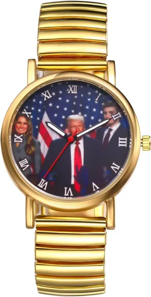 JewelryWe Men Women Elastic Watches: Round Analog Trump Dial Quartz Watch Gold Silver Plated Stretch Band Wristwatch