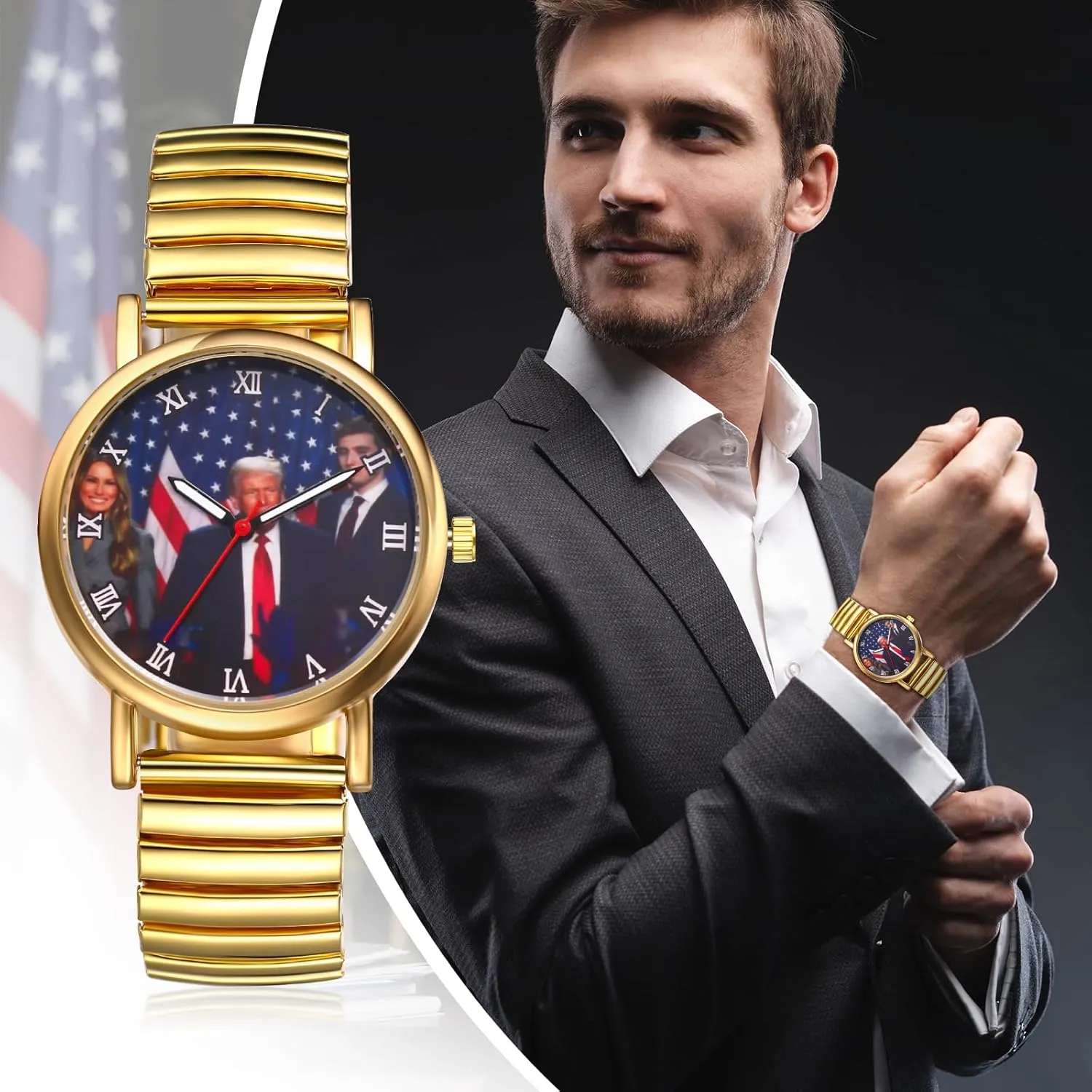 JewelryWe Men Women Elastic Watches: Round Analog Trump Dial Quartz Watch Gold Silver Plated Stretch Band Wristwatch