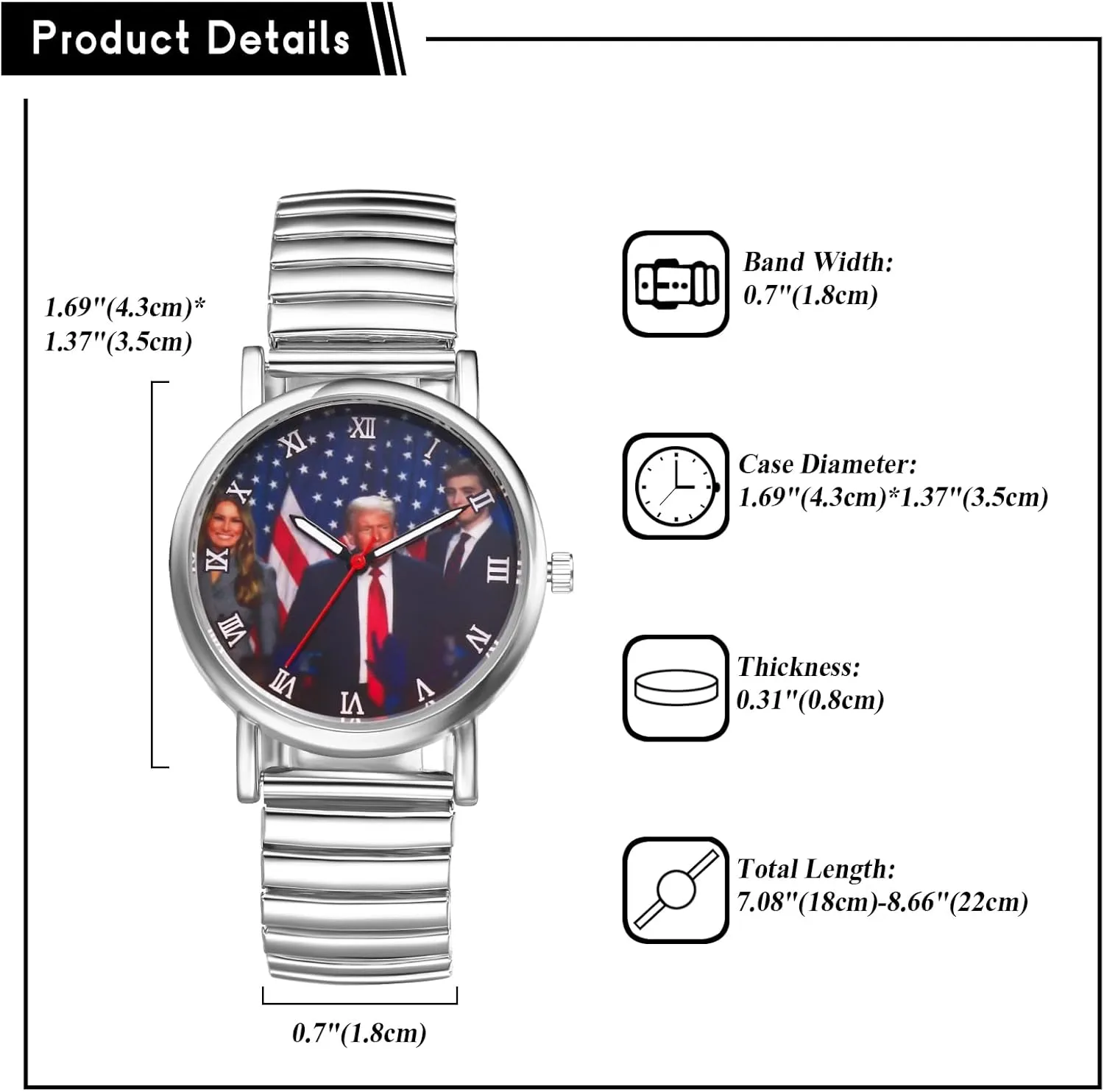 JewelryWe Men Women Elastic Watches: Round Analog Trump Dial Quartz Watch Gold Silver Plated Stretch Band Wristwatch