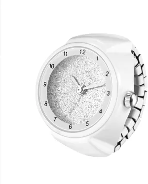 JewelryWe Unisex Finger Ring Watch: Men Women Black/White Elastic Stretchable Band Arabic Numerals Round Dial Stainless Steel Quartz Ring Watches