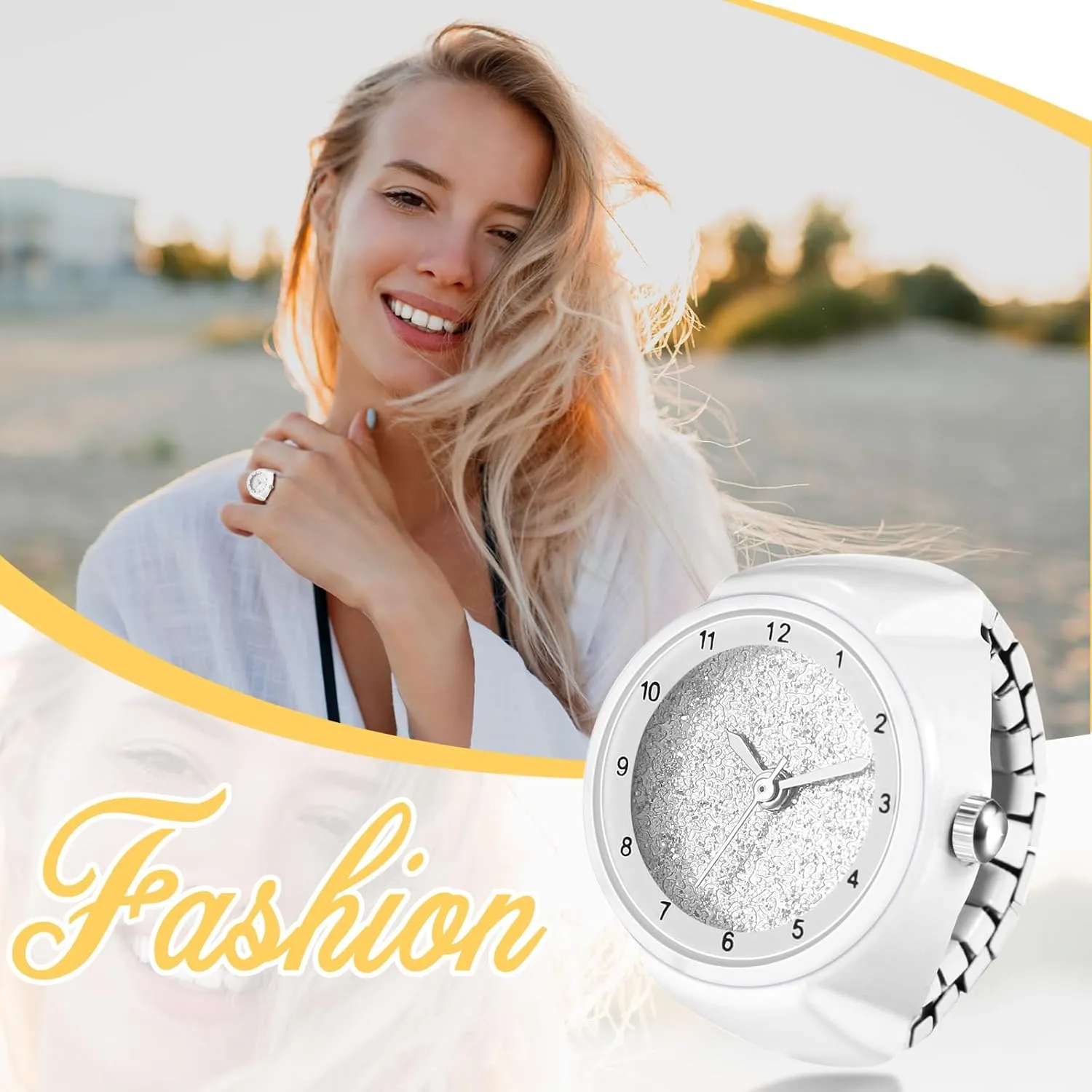 JewelryWe Unisex Finger Ring Watch: Men Women Black/White Elastic Stretchable Band Arabic Numerals Round Dial Stainless Steel Quartz Ring Watches