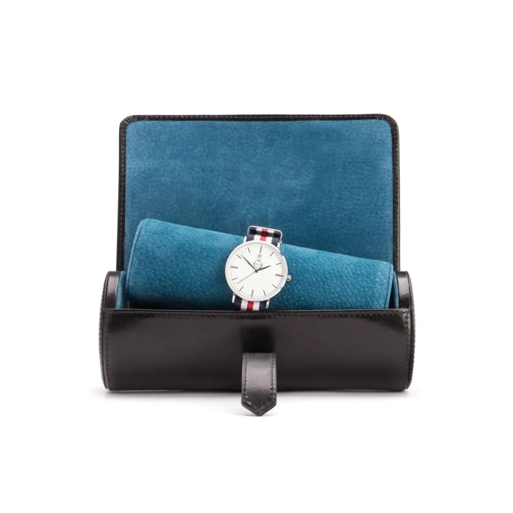 Large Leather Watch Roll - Black With Cobalt
